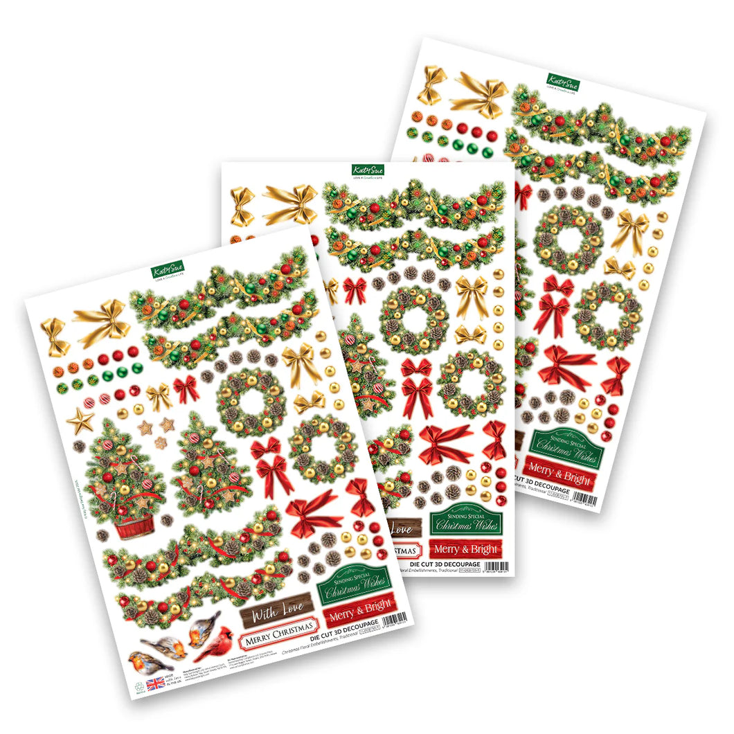 Katy Sue Die Cut 3D Decoupage Christmas Floral Embellishments-  Winter, Traditional